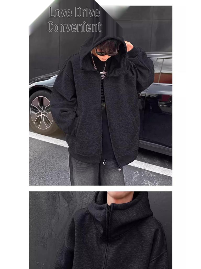 Autumn Men's Space Cotton Hooded Heavyweight Hoodie: Versatile Solid Color Jacket for Couples - Suitable for Spring and Autumn.