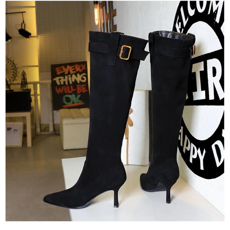 Fashion Women Winter Pointed Toe Stiletto Heel Slimming Boots Stacked Boots Buckle Design Wrinkle Long Boots Vulcanized Shoes