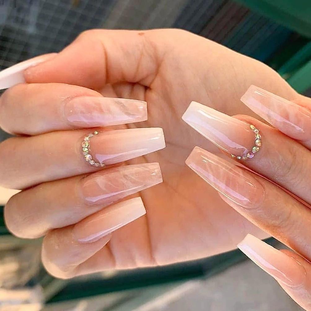 24Pcs French Long Ballet Square Fake Nails Removable Full Cover Press On Nails Acrylic False Nail Tips
