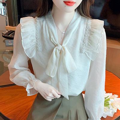 Moda Outono Novo 2024 Manga Longa Babados Miçangas Gola Laço Damasco Chiffon Blusa Camisa Feminina Tops Blusas Camisas J508