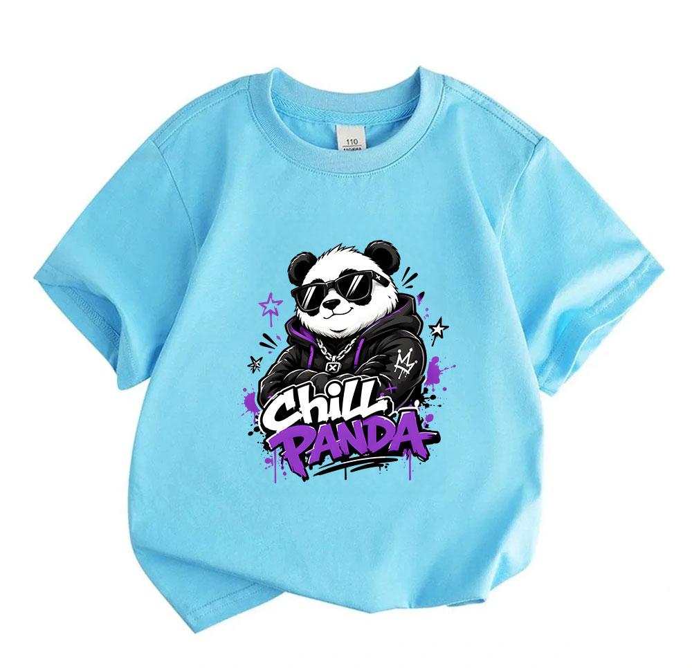 Kids Boys Girls 100% Cotton Crew Neck Short Sleeve T-Shirt, Cool Chill Panda Graphic Tees, Casual Graffiti Style Summer Tops for Children Daily Wear