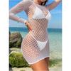Women'S Sexy Dress White Solid Color Hollow Out Nightclub Mesh Long Sleeve Dress Ins Beachwear Bikini Cover