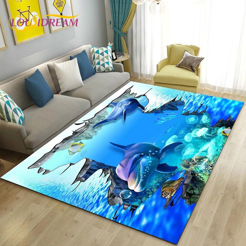 3D-Illusion Unterwasserwelt Meeresboden Delfin Hai Teppich, Teppich für Wohnzimmer Schlafzimmer Sofa Fußmatte Rutschfeste Bodenmatte