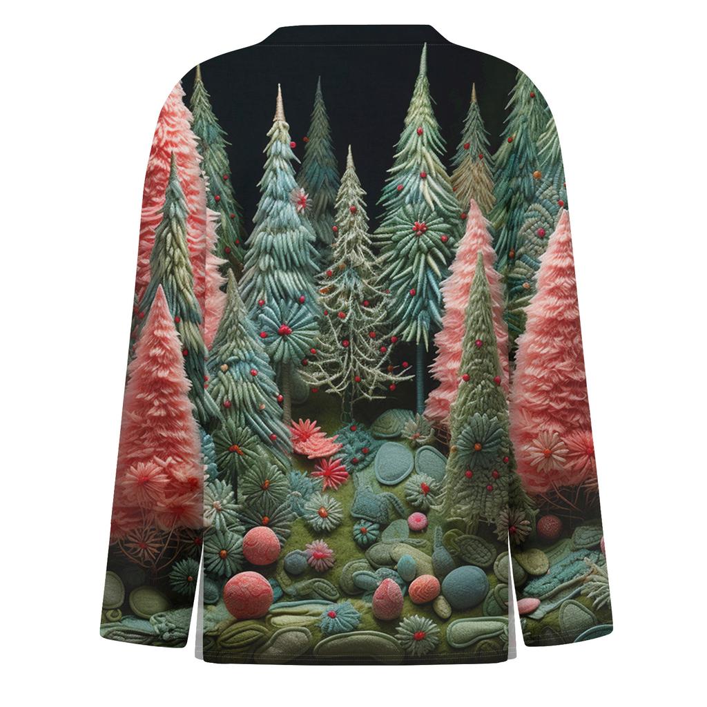 Women's Fashion Casual Slit Hem Round Neck Long Sleeve Loose Christmas Printed T-Shirt Ladies Top