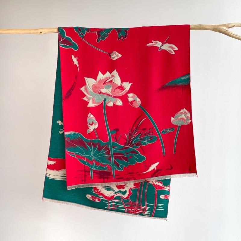 Imitation cashmere ink painting lotus scarf women's new warm simple autumn and winter double-sided thickened scarf