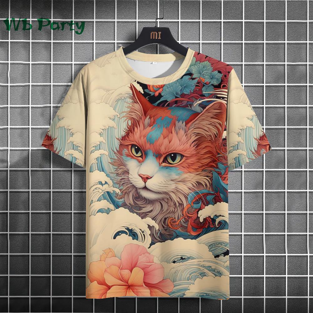 Vintage Cat Pattern Print Short Sleeve T-shirts Man Cat Print Custom T Shirt Vintage Shirts Graphic Tee Men's Summer Clothes Tee