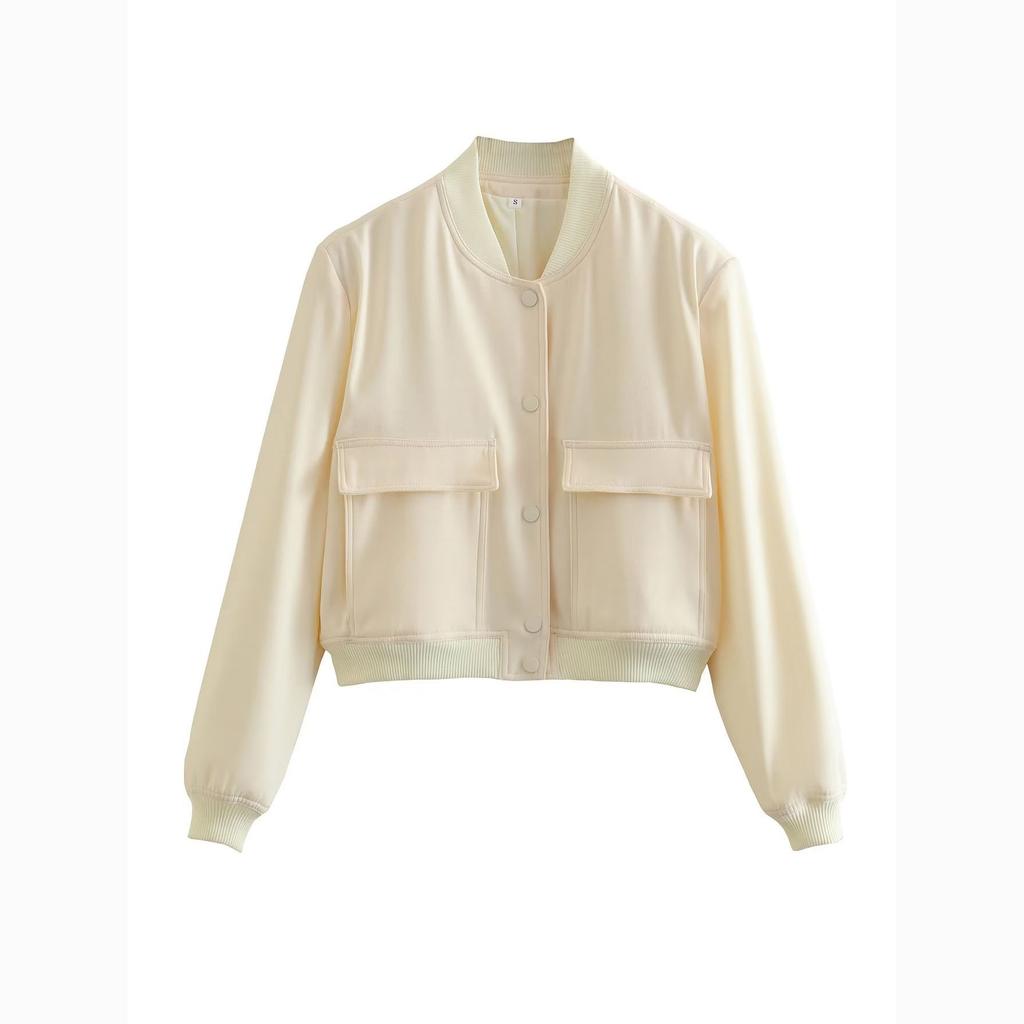 Autumn Women's Casual Short Large Pocket Stand Collar Jacket