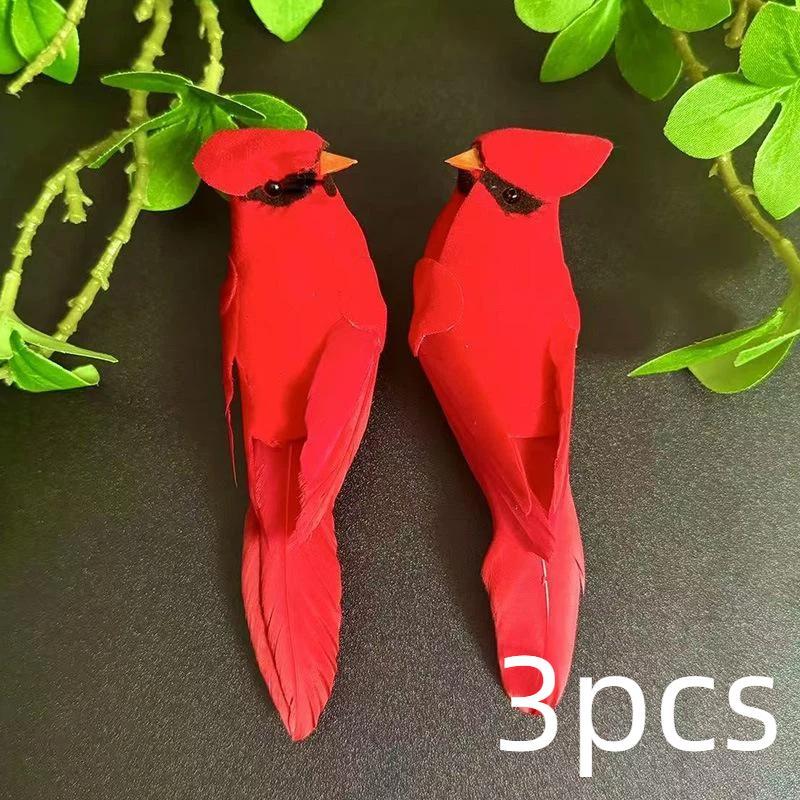 3 Pcs Lifelike Artificial Red Feather Birds Hanging Ornaments for Garden Yard Home Wedding Holiday Decoration