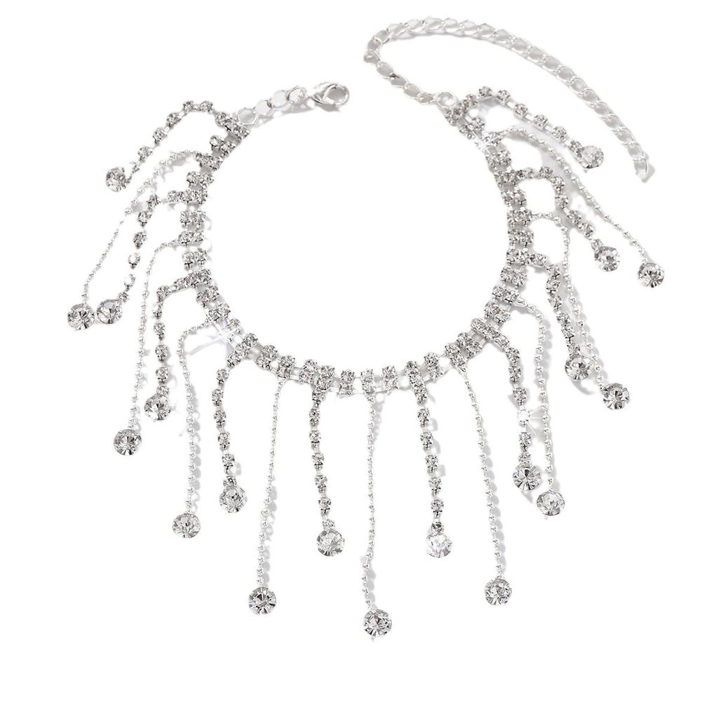 Rhinestone Fringed Anklet, Women'S Beach Simple Double-Layer Water Drop Pendant Anklet