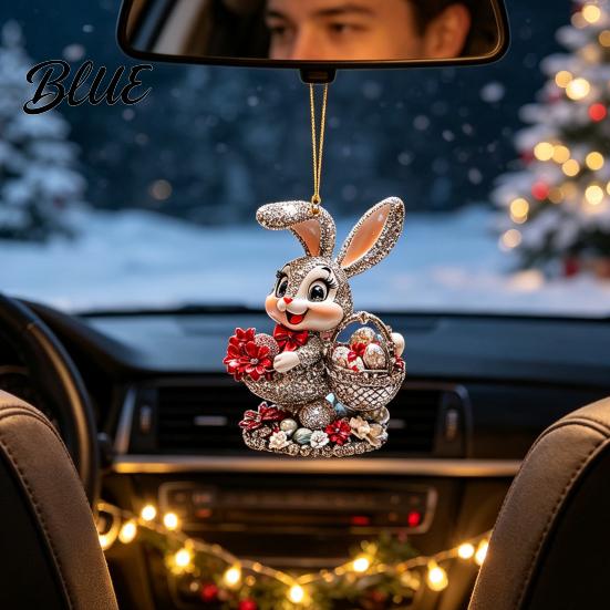 Indoor Outdoor Holiday Hanging Ornament Easter Bunny Acrylic Pendant Cute Rabbit with Basket 2D Car Lightweight Figurine Rearview Mirror Ornament,