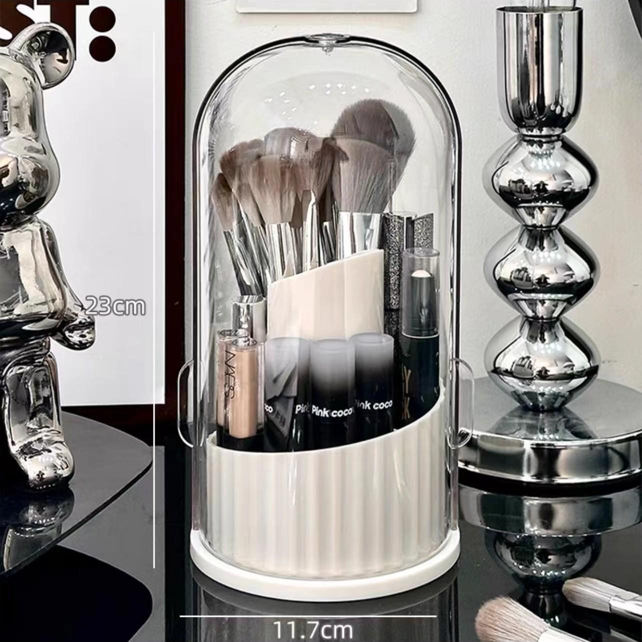 Rotating Transparent Makeup Brush & Lipstick Organizer with Dustproof Design