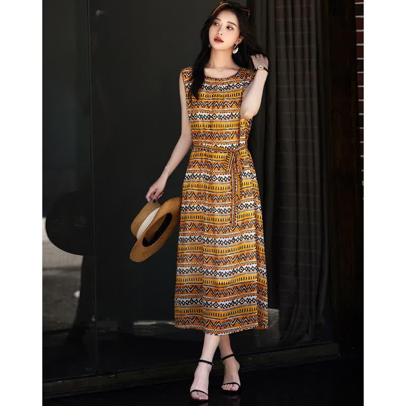 Demana Women's 100% Mulberry Silk Ethnic Striped Sleeveless Dress