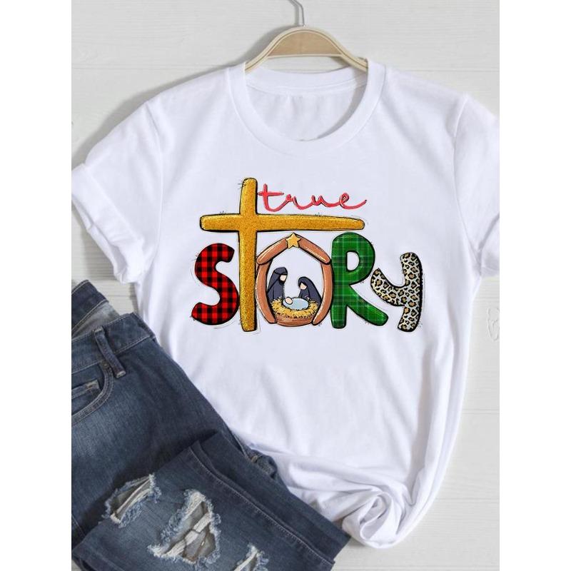 (European Size) Cute Women Tee Faith Letter Style Top Short Sleeve Fashion Print Lady Clothing Casual  T-shirt Female Graphic T-shirts