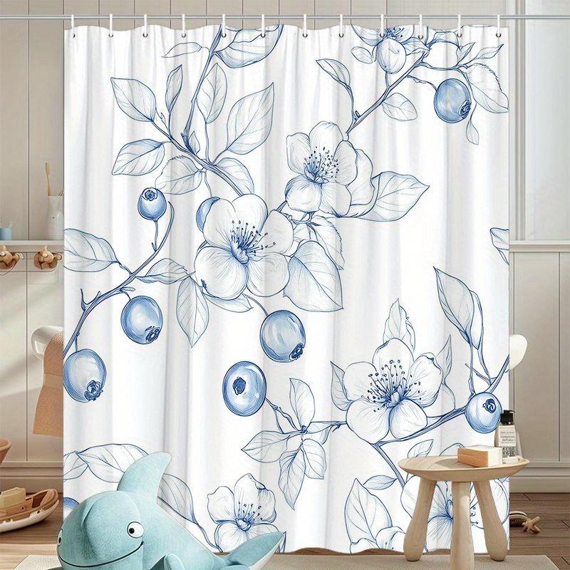1Pc Blue Floral Plant Shower Curtain, Polyester Fabric, Machine Washable, With Hook, Suitable For Bathroom Decoration