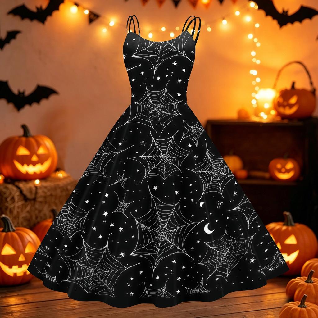 Women's Vintage Punk Off Shoulder Dress Halloween Print Spider Web Pattern Sleeveless Swing Dress with Flared Skirt for Costume Party