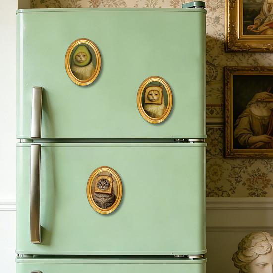 1/3/6Pcs Toast Avocado Cat Refrigerator Magnet with Oval Wooden Frame Kitten Fridge Magnet Home Kitchen Office Decoration Animal Lover Gift