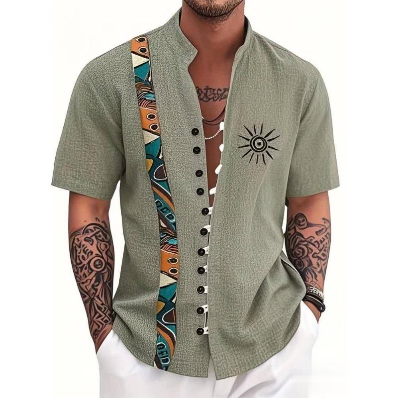 Men s Green Ethnic Print Stand Collar Short Sleeve Shirt S