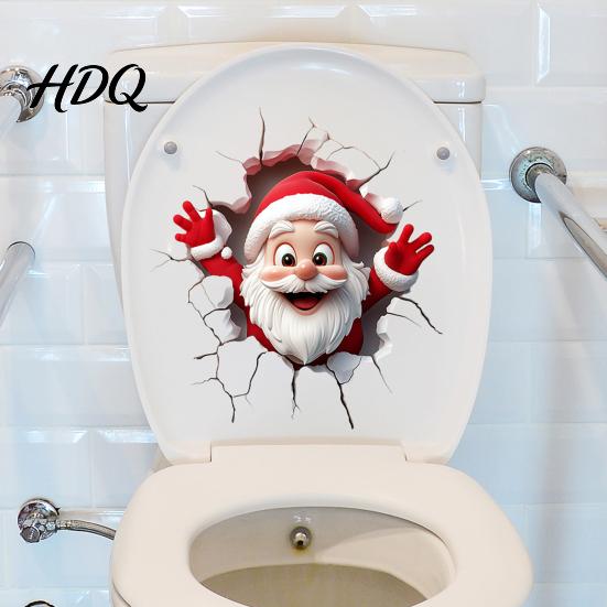 Holiday Window Clings Christmas Toilet Sticker Funny Santa Claus Lid Tank 3D Hole Effect Wall Art Self-Adhesive Waterproof PVC Decal for Bathroom