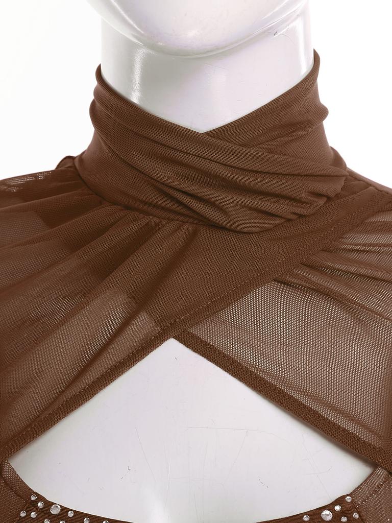 Damski kostium do łyżwiarstwa figurowego Wycięcie z przodu Przezroczysta siatka Patchwork Wysoki kołnierzyk Długi rękaw Strój kąpielowy z cyrkoniami