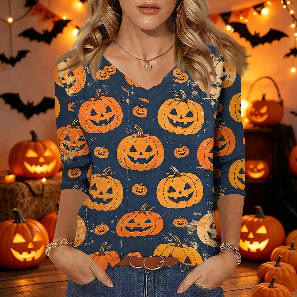 Damen Freizeit V-Ausschnitt Dreiviertelarm Oberteil Halloween Kürbisdruck Leichte Bluse für Herbst und Alltag