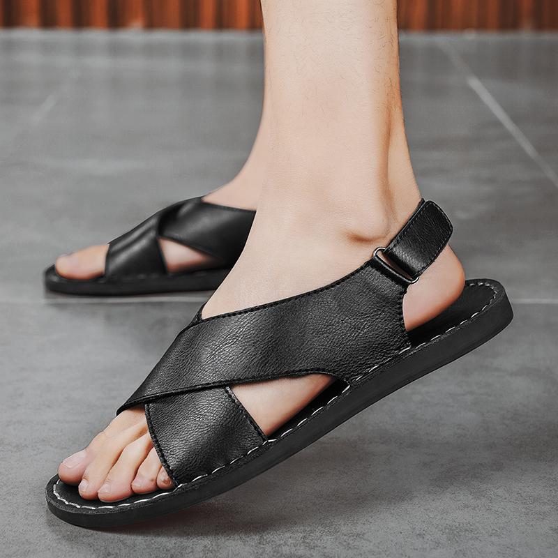 Fashion Vintage Style Summer Men's Sandals Genuine Leather Male Casual Shoes Outdoor Men Open-toe Beach Shoes Leisure Walk Roman Flats