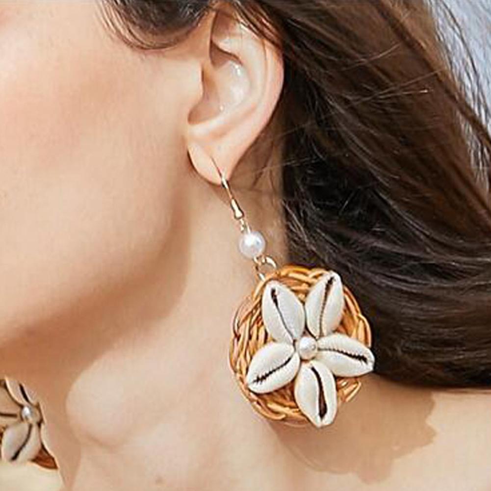 Women Fashion Bohemian Style Rattan Shell Pearl Charm Dangle Earrings Drop Earrings
