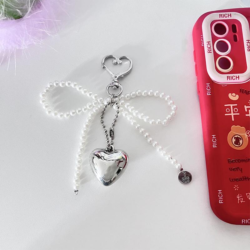 Korean Sweet Pearl Bow Keychain Heart Pendant Keyring Y2K Aesthetic Key Holder For Girls Bag Pendant Accessories