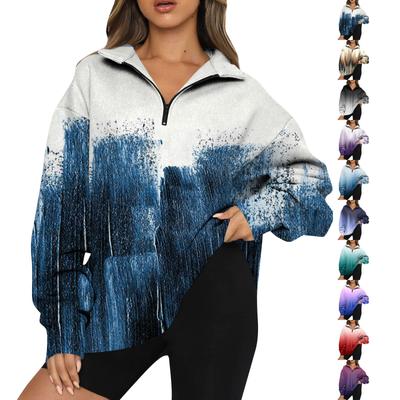Women's Casual Fashion Long Sleeve Flower Print Oversize Zip Sweatshirt Top