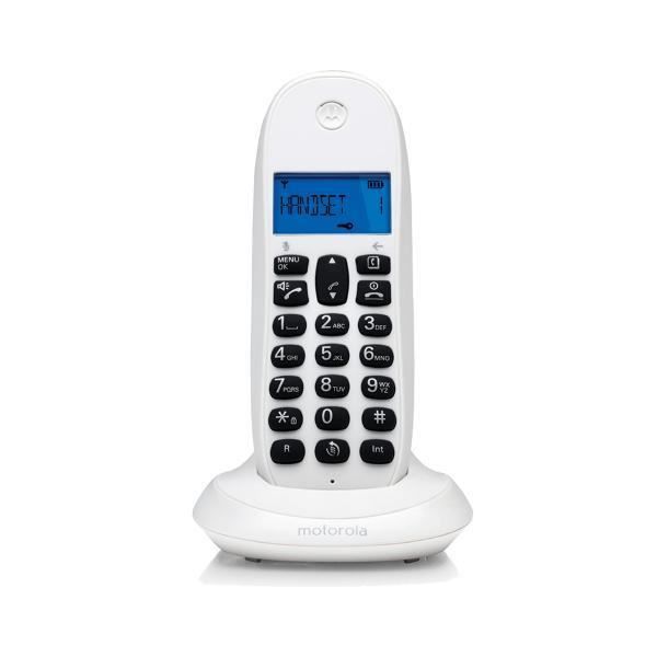 Bezdrátový telefon Motorola C1001CB+ bílý s modře podsvíceným displejem, funkcí handsfree, telefonním seznamem pro 50 kontaktů, ovládáním
