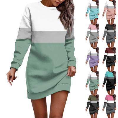 Women's Round Neck Striped Patchwork Printed Long Sleeve Hip Dress Sweatshirt Dresses