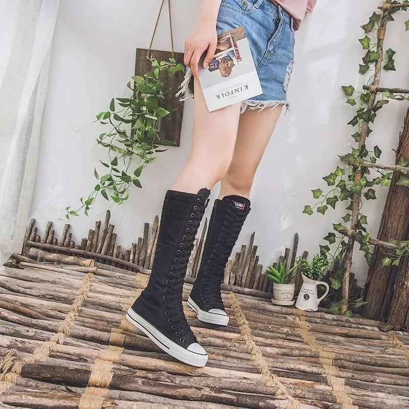Damenschuhe 2026 Neue High-Top-Canvas-Stiefel Mode Koreanische Edition Lange Stiefel Schnürung Reißverschluss Bequeme Stiefel Zapatos De Mujer