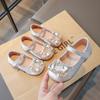 Kids Leather Shoes Shiny Crystal Girls Flat Shoes Round Toes Hook&loop 2025 New Children Princess Shoes Elegant Sweet Ins Trendy