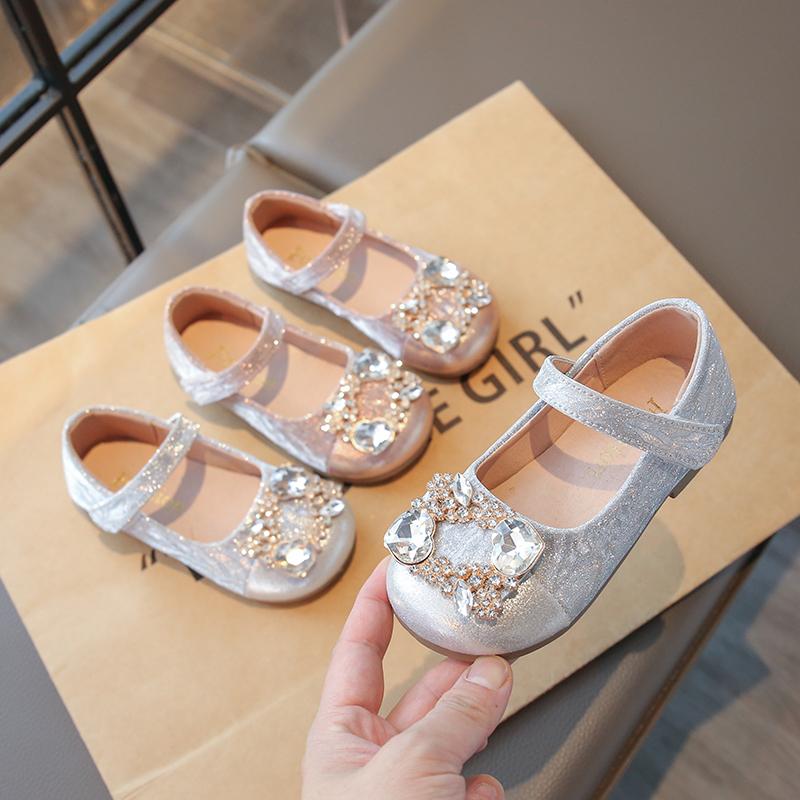 Kids Leather Shoes Shiny Crystal Girls Flat Shoes Round Toes Hook&loop 2025 New Children Princess Shoes Elegant Sweet Ins Trendy