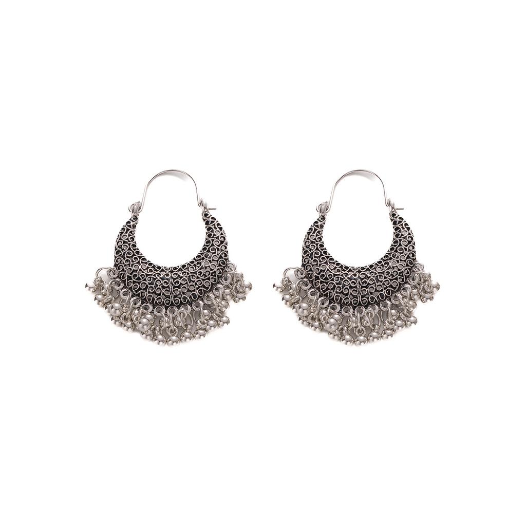 Ethnic Style Retro Temperament High-End Stud Earrings Silver Round Beads Beaded Fringed Earrings Women'S Crescent Light Luxury Earrings