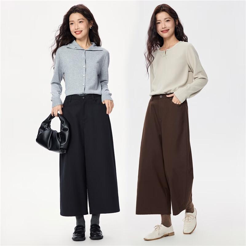 Giordano Women's Brushed Mid-Waist Wide-Leg Cropped Pants