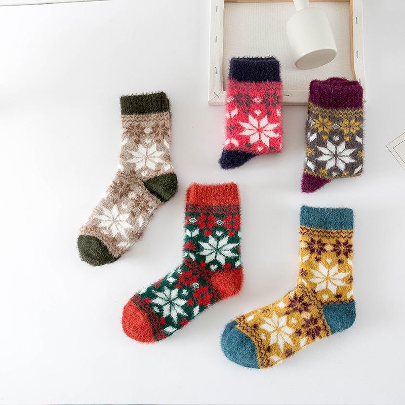 5 Pairs of Women's Autumn and Winter New Octagonal Imitation Ferret Thick Rabbit Wool Tube Socks