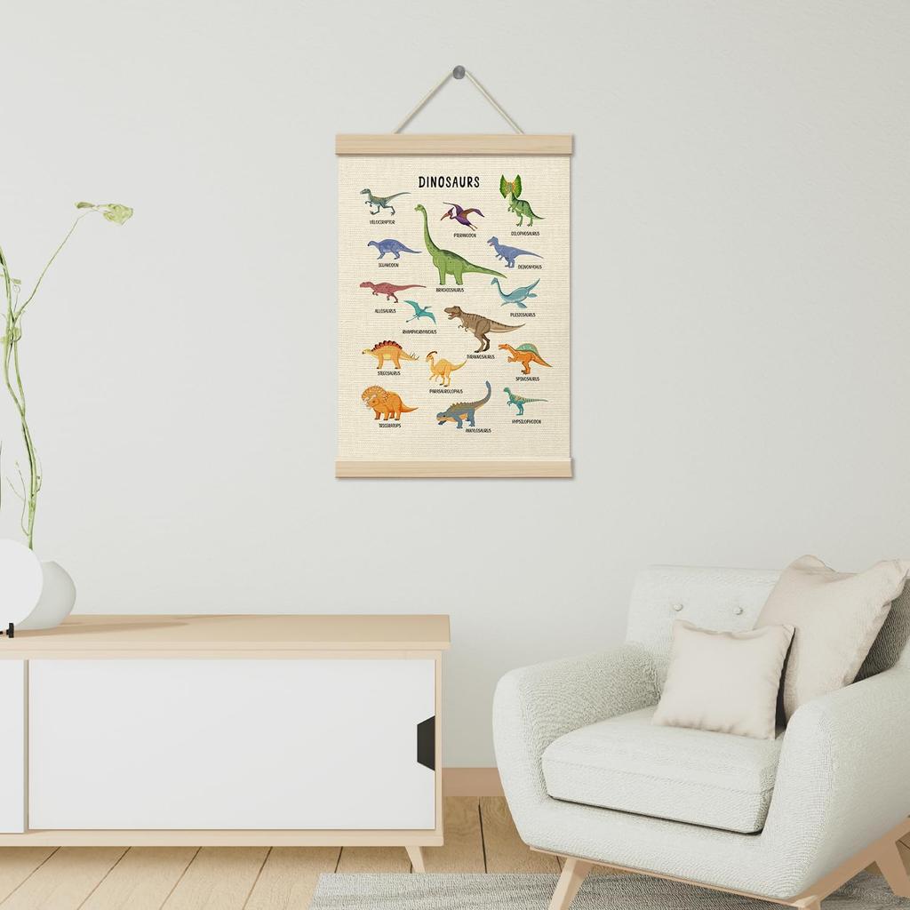 ZEDEV Dinosaur Wall Decor, Poster Hanger with Wood Frames 12x16 Inches, Dino Educational Canvas Wall Art, Artwork Hanging Kit for Boy Toddler Room