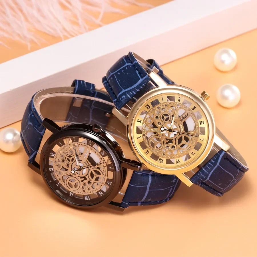 Fashion Hollow Skeleton Men Watches Quartz Leather Bracelet Strap Wristwatch Fashion Business Watches Men's Gifts