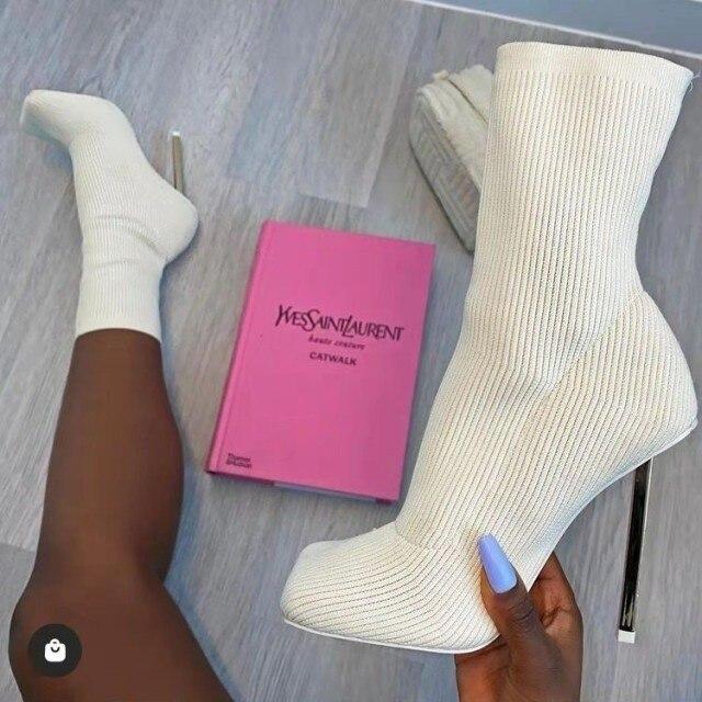 

Модный дизайн, сексуальные сапоги-носки, вязаные эластичные ботинки, женская модная обувь на высоком каблуке, осенне-зимние ботильоны, ботильоны 38