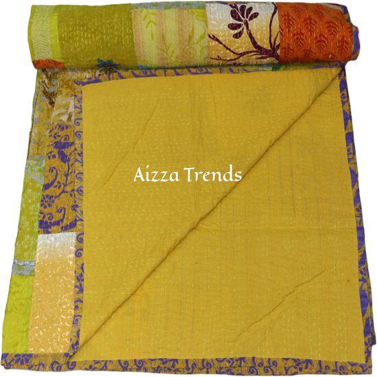 Aizza Trends Handmade Pure Cotton Patch and Patola Work Kantha Quilt - Traditional Indian Throw Blanket-Vintage Cotton Silk Saree Quilt