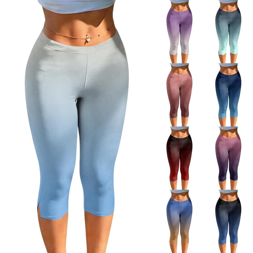 Women Milk Silk Gradient Print Casual Pants Mid Waist Stretchy Slim Fit Cropped Length Soft Lightweight Bottoms for Daily Wear