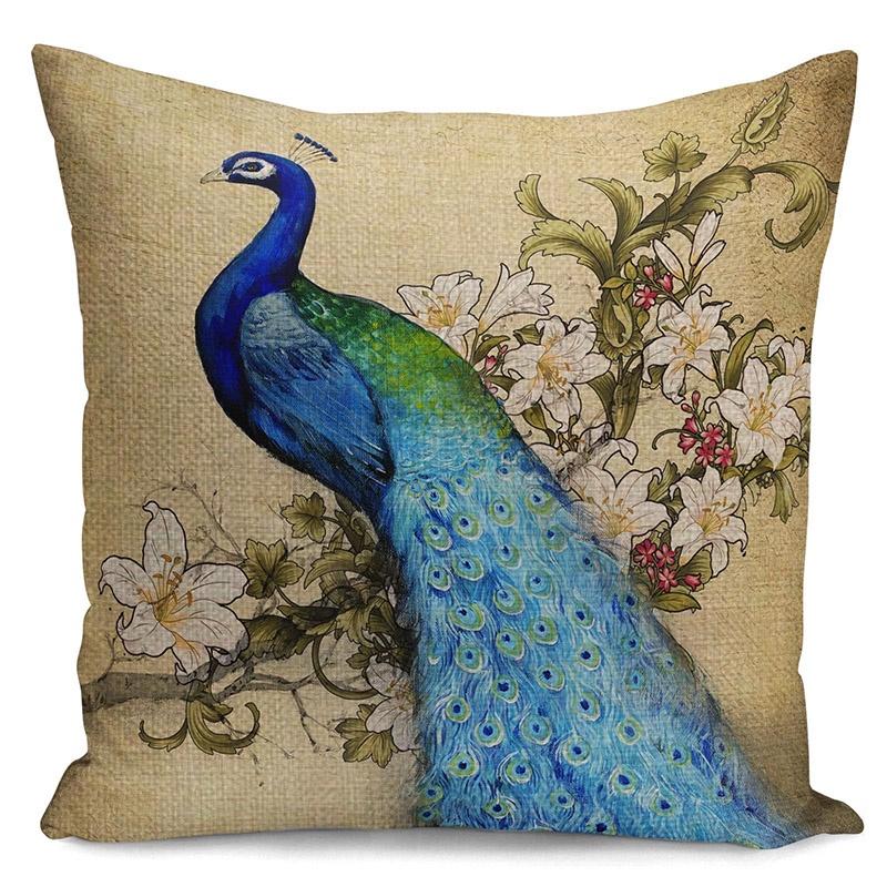 Luxuriöser Kissenbezug aus Baumwolle und Leinen mit Pfauenmuster für elegante Heimdekoration, Sofakissenbezug