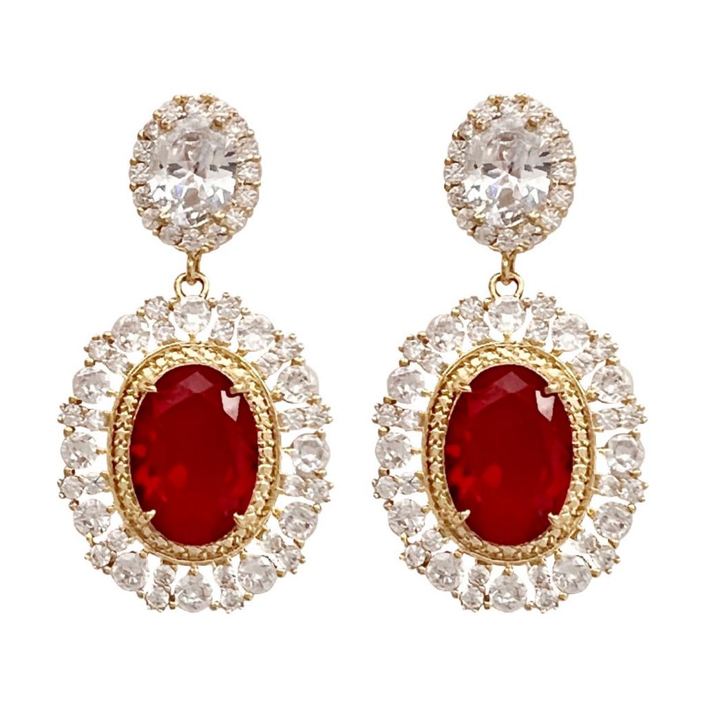 Vintage French Royal Oval Red Cubic Zirconia Double Layer Halo Dangle Drop Earrings Luxury Wedding Women Ear Jewelry