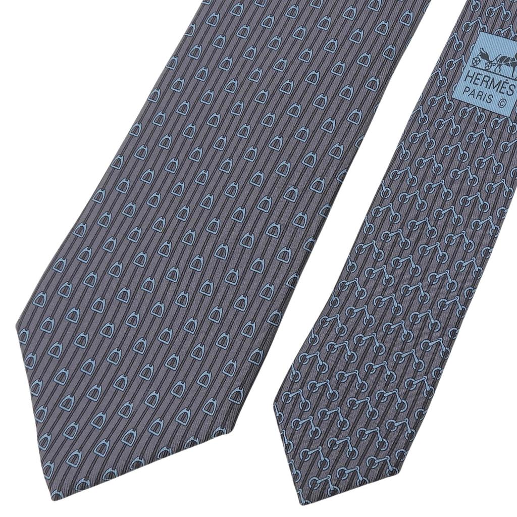 Excellent HERMES tie Horse tack motif all-over pattern gray silk mens Used