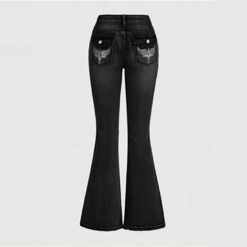 Womens Stradivarius Butterfly Embroidered Jeans Y2K Washed Low Rise Flare Leg Long