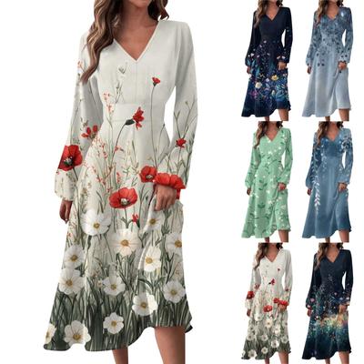 Women's  Casual Fashion V-Neck Long Sleeve Floral Print Long Dress