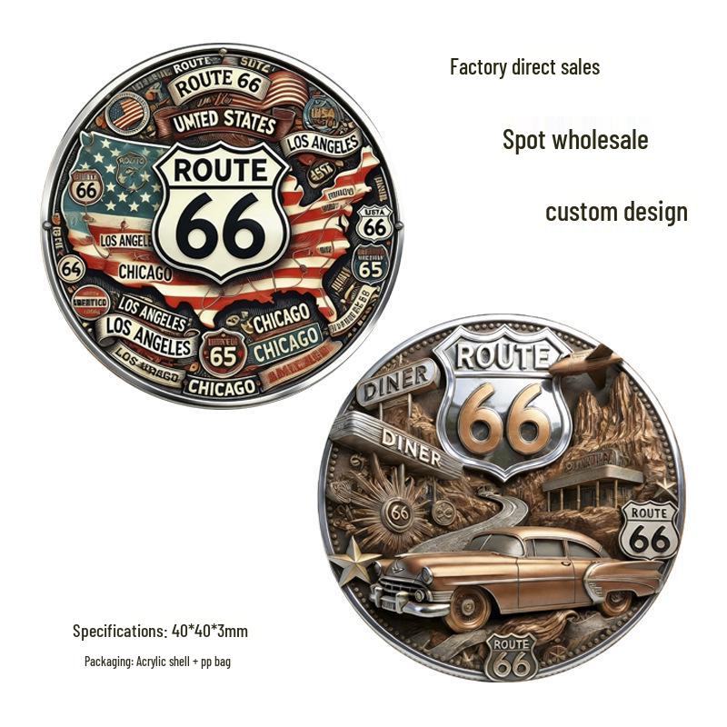 2026 Route 66 100th Anniversary Commemorative Relief Coin USA 40x40x3mm серебряный