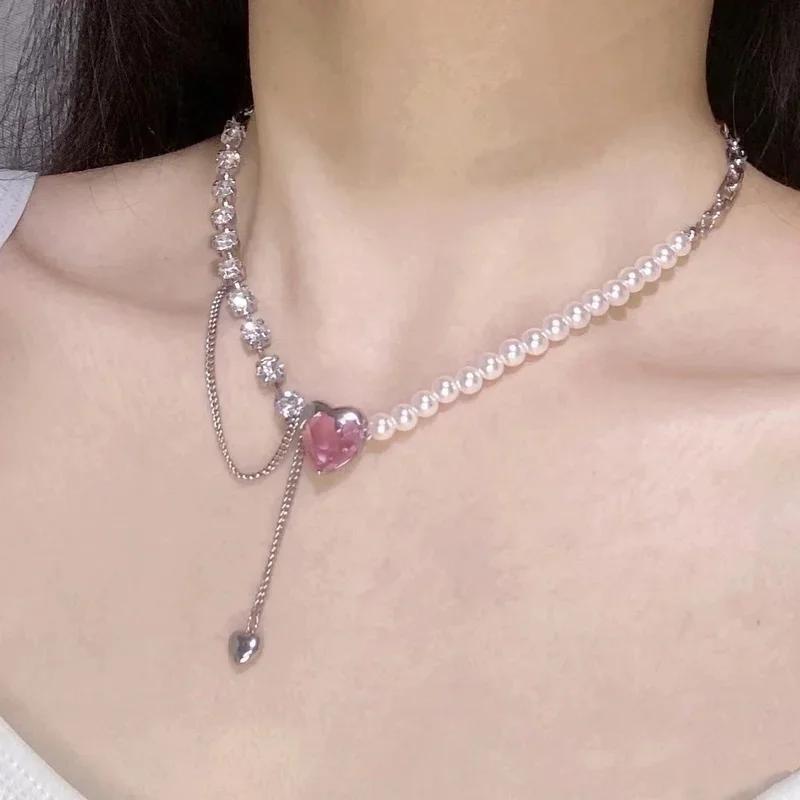 Trendy Cool Pink Zircon Love Necklace Women Light Luxury Temperament Versatile Sweet Cool Style High End Jewelry Collar Chain