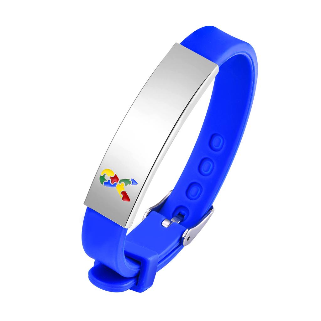 Vnox Free Personalized Autism ID Bracelets for Teens Girls Boys, Colored Puzzle Soft Silicone Bracelets, Cutom Contact Name ICE