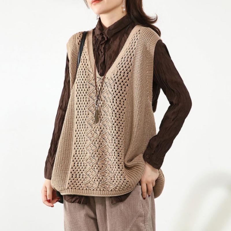 Gilet lavorato a maglia retrò con scollo a V, senza maniche, sottile, ampio, da donna, impilabile, casual, primavera e autunno